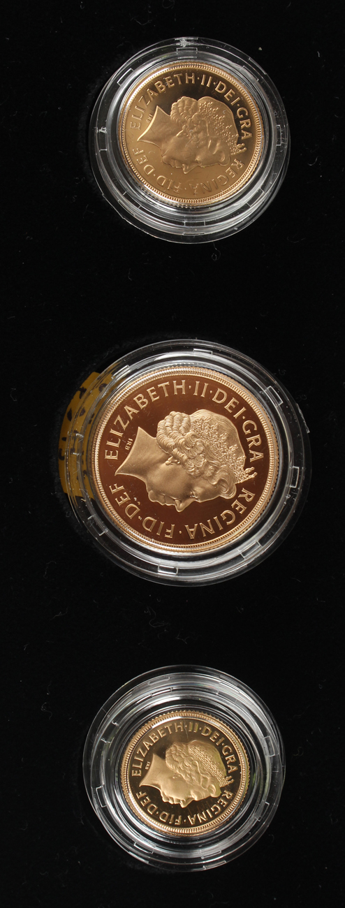 An Elizabeth II Royal Mint gold proof three-coin set 2002, comprising two pounds coin, sovereign and - Image 2 of 3