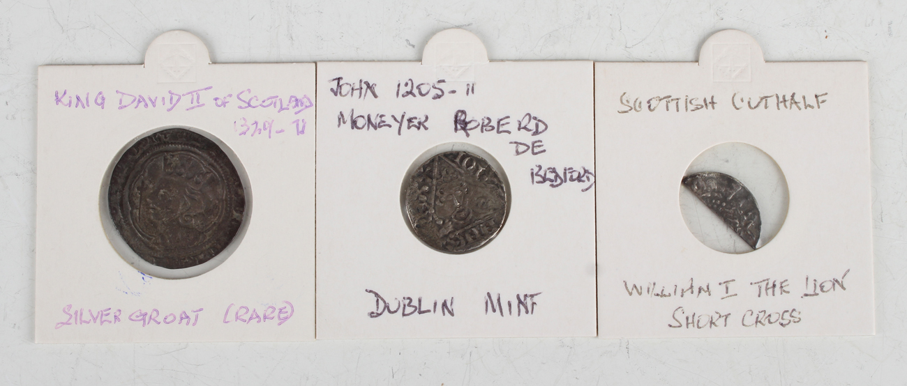 A David II of Scotland hammered silver groat, Edinburgh Mint, a King John hammered silver penny,