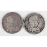 A Charles II crown 1667, edge detailed 'Nono', and a Charles II crown 1676, edge detailed 'Octavo'.