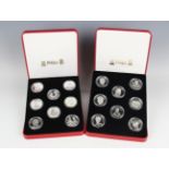 Two Pobjoy Mint silver proof eight-coin sets, each comprising crown-size coins in various