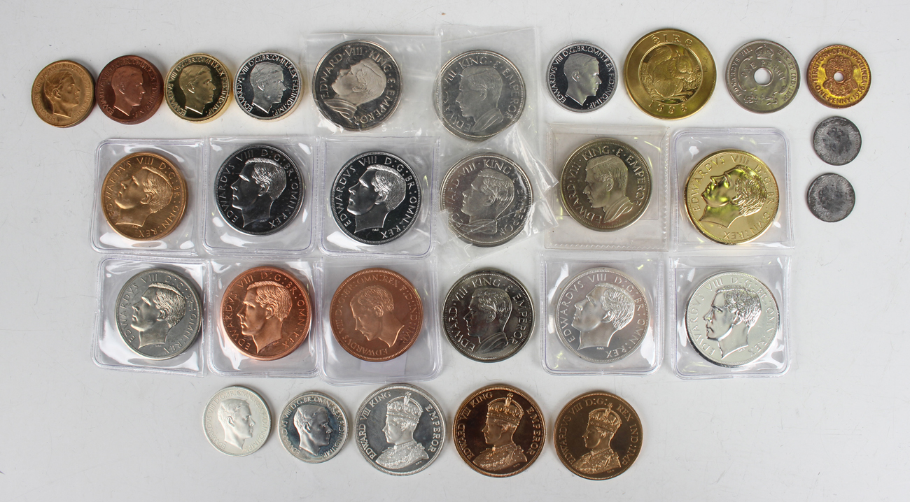 A collection of Edward VIII pattern fantasy coins, including a silver Southern Rhodesia five