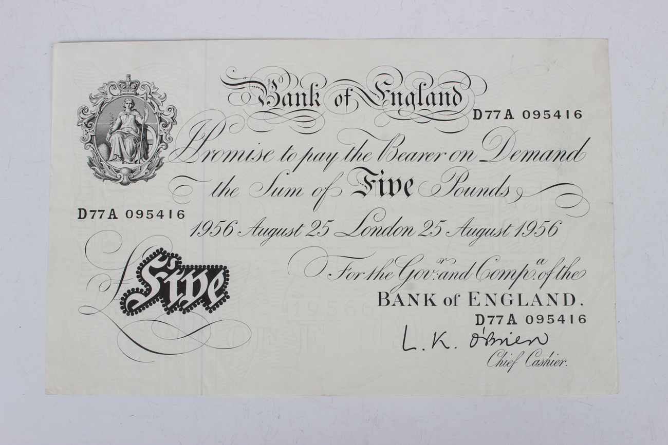 A Bank of England white five pounds note, L.K. O'Brien Chief Cashier, dated '25th August 1856' and