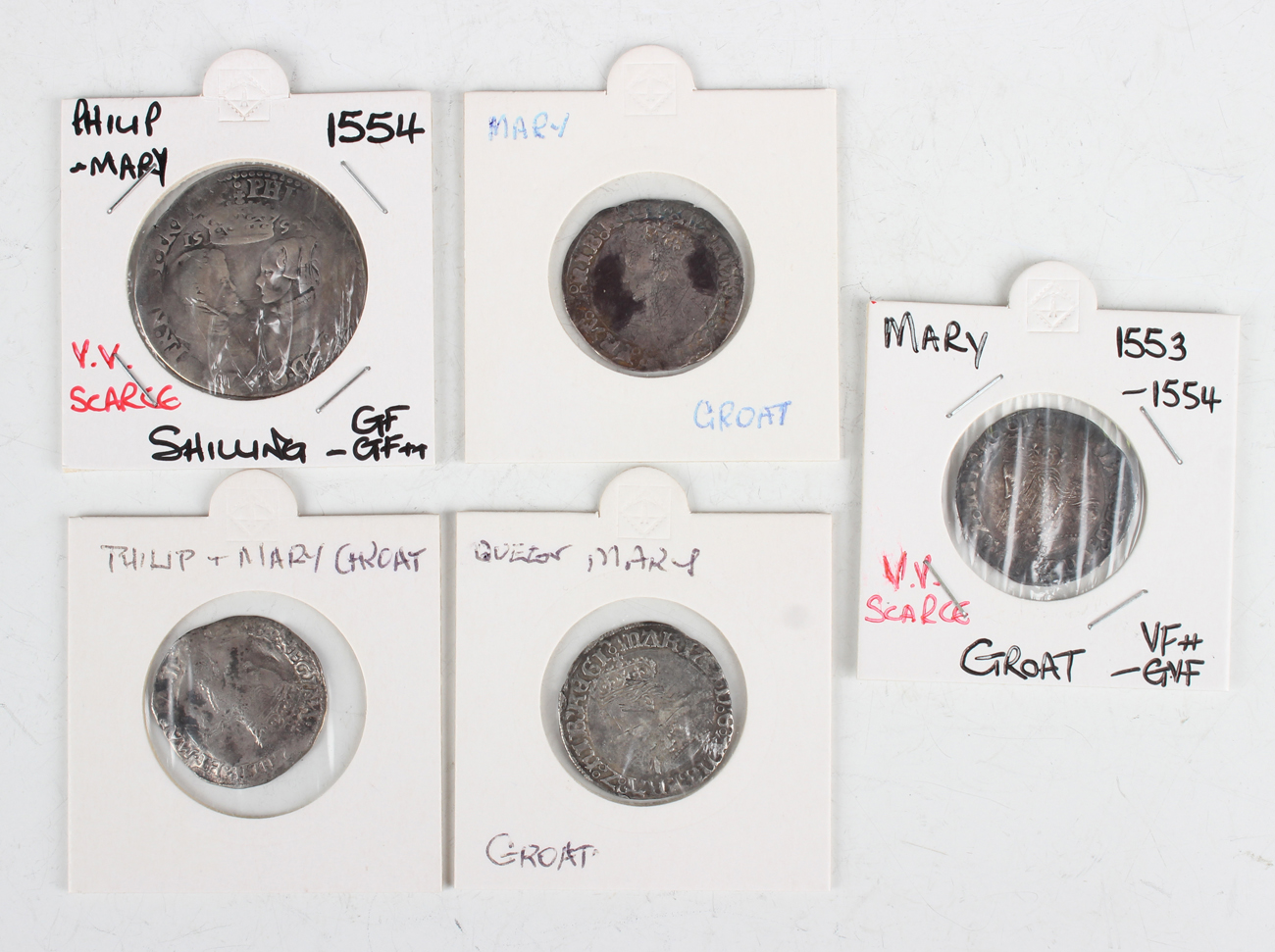 A Philip and Mary hammered shilling 1554, a Philip and Mary groat and three Queen Mary groats.