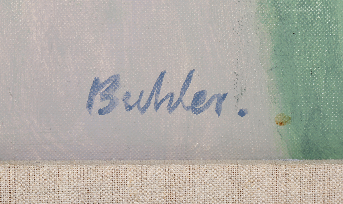Robert Buhler - 'Bridge Farm, West Sussex', 20th century oil on canvas, signed recto, titled label - Image 3 of 3