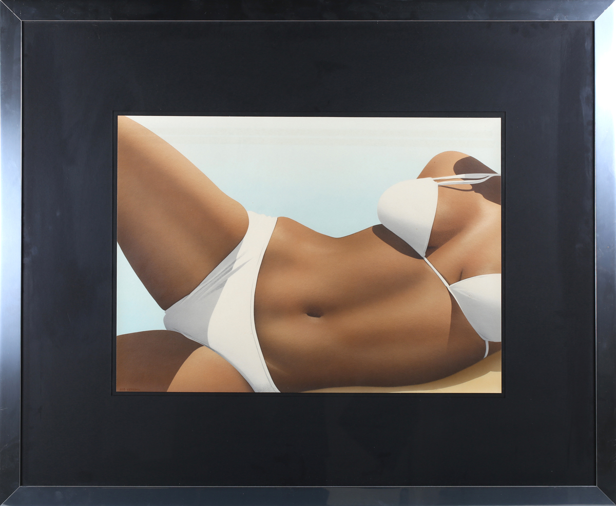 Rod Ferring - Reclining Female Torso on a Beach wearing a Bikini, 20th century airbrush, signed,