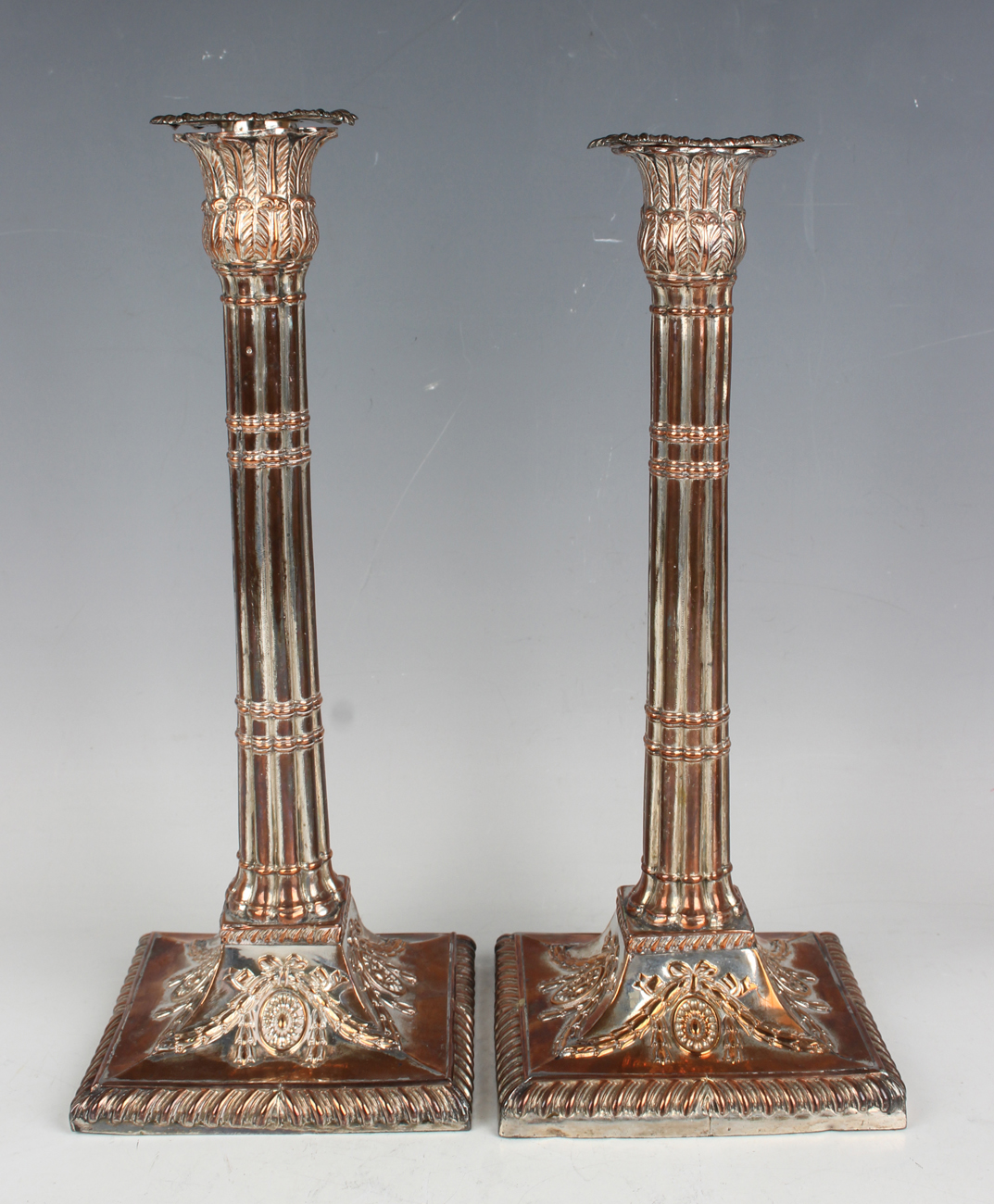 A pair of George III Sheffield plate cluster column candlesticks, each with a detachable nozzle on a - Image 3 of 5