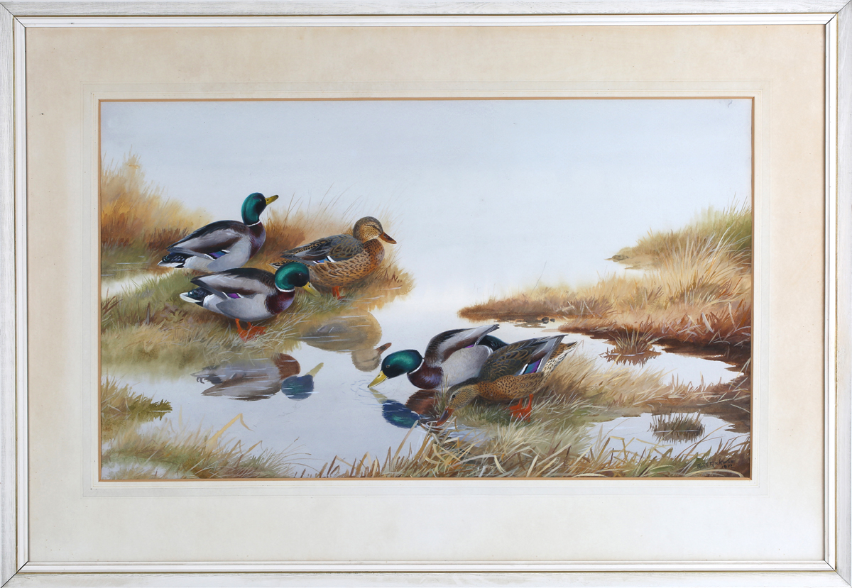 Philip Rickman - 'Mallard' (Five Ducks in a Wetland Landscape), watercolour with gouache, signed and
