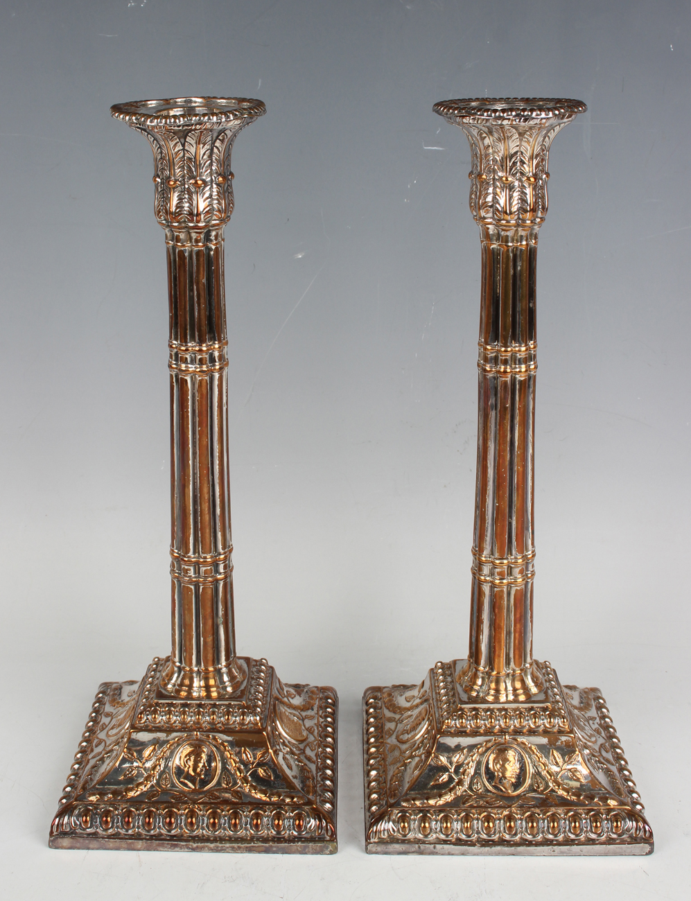 A pair of George III Sheffield plate cluster column candlesticks, each with a detachable nozzle on a - Image 5 of 5