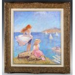 René Legrand - Two Children on a Promontory overlooking a Bay, 20th century oil on canvas, signed,