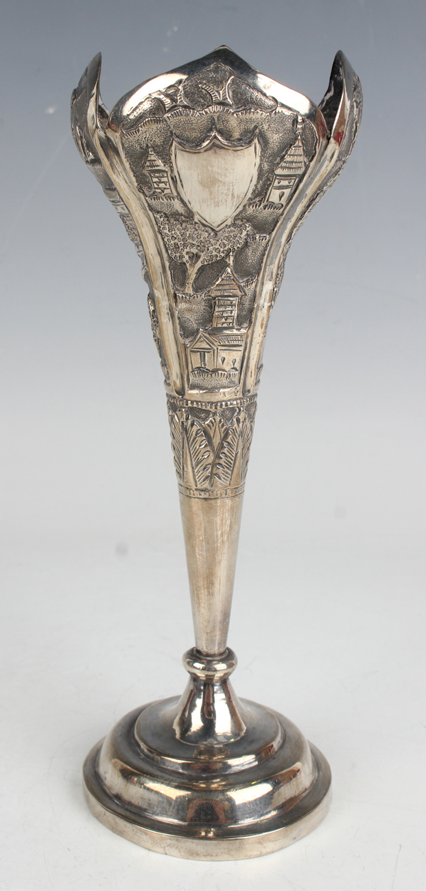 An Indian white metal posy vase, embossed with buildings in landscapes, on a circular foot, height - Image 10 of 10