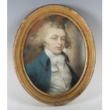 Circle of Daniel Gardner - Oval Half Length Portrait of a Young Man wearing a Blue Jacket, Silk