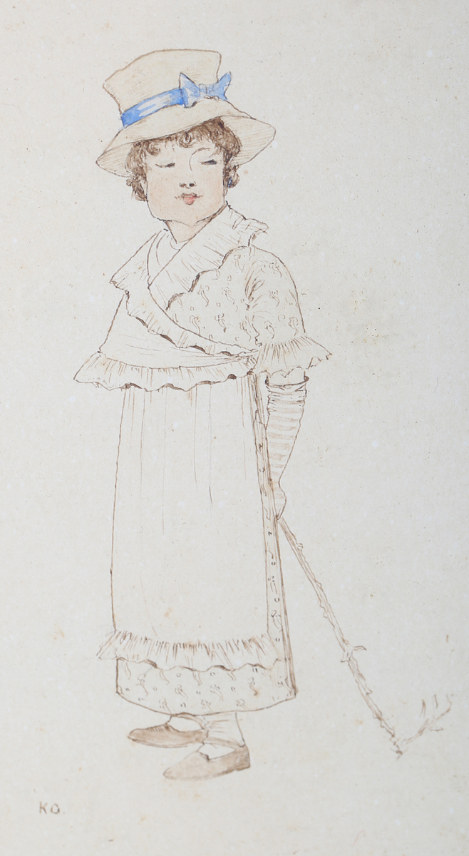 Kate Greenaway - Lady wearing a Bonnet with Blue Ribbon and holding a Stick, late 19th/early 20th - Image 3 of 4