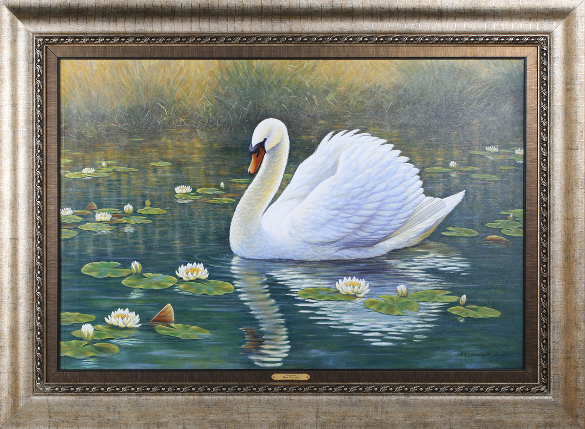 Kim Brooks - 'Mute Swan', 20th century oil on canvas, signed recto, titled verso, 60.5cm x 90cm,