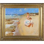 John Haskins - Figures on a Beach, late 20th/early 21st century oil on board, signed, 49cm x 60.5cm,