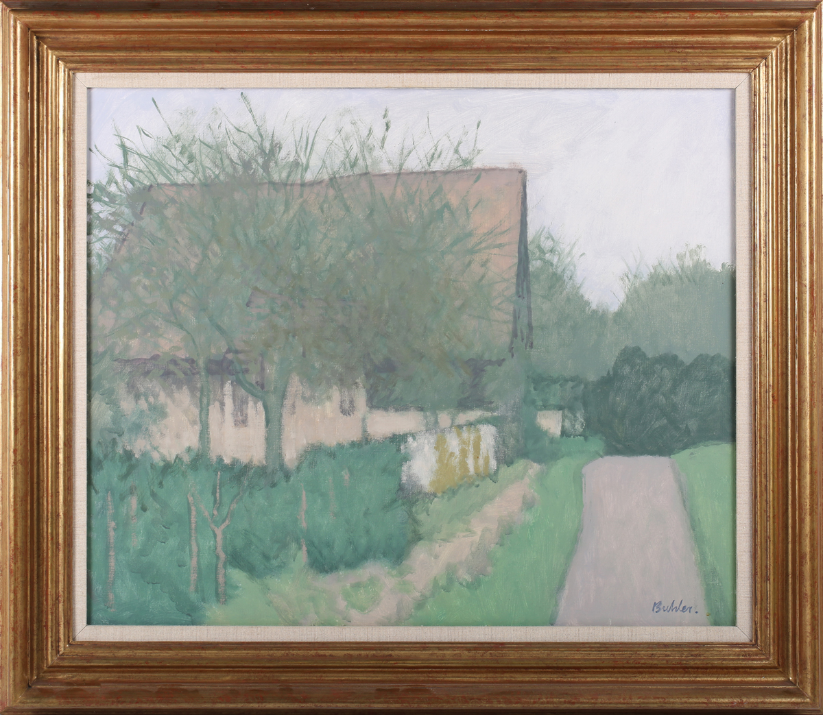 Robert Buhler - 'Bridge Farm, West Sussex', 20th century oil on canvas, signed recto, titled label