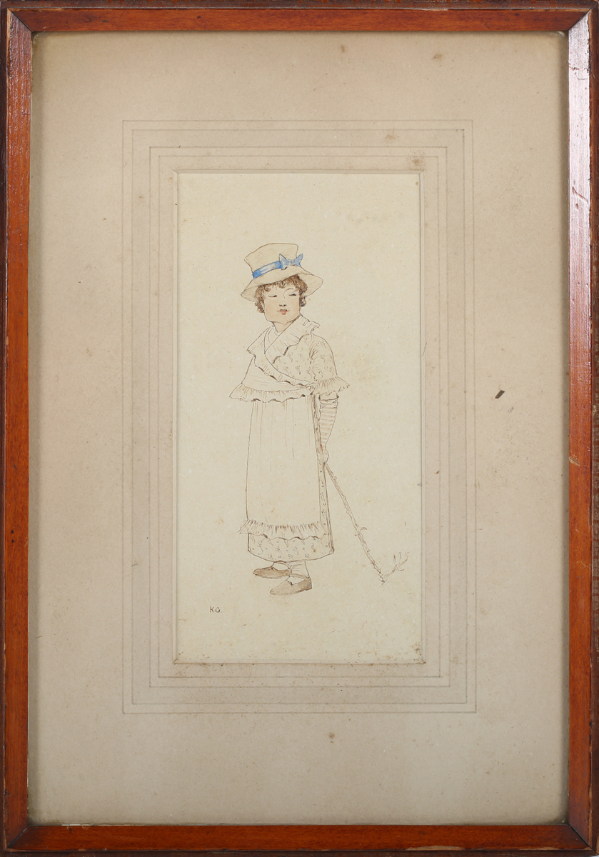 Kate Greenaway - Lady wearing a Bonnet with Blue Ribbon and holding a Stick, late 19th/early 20th