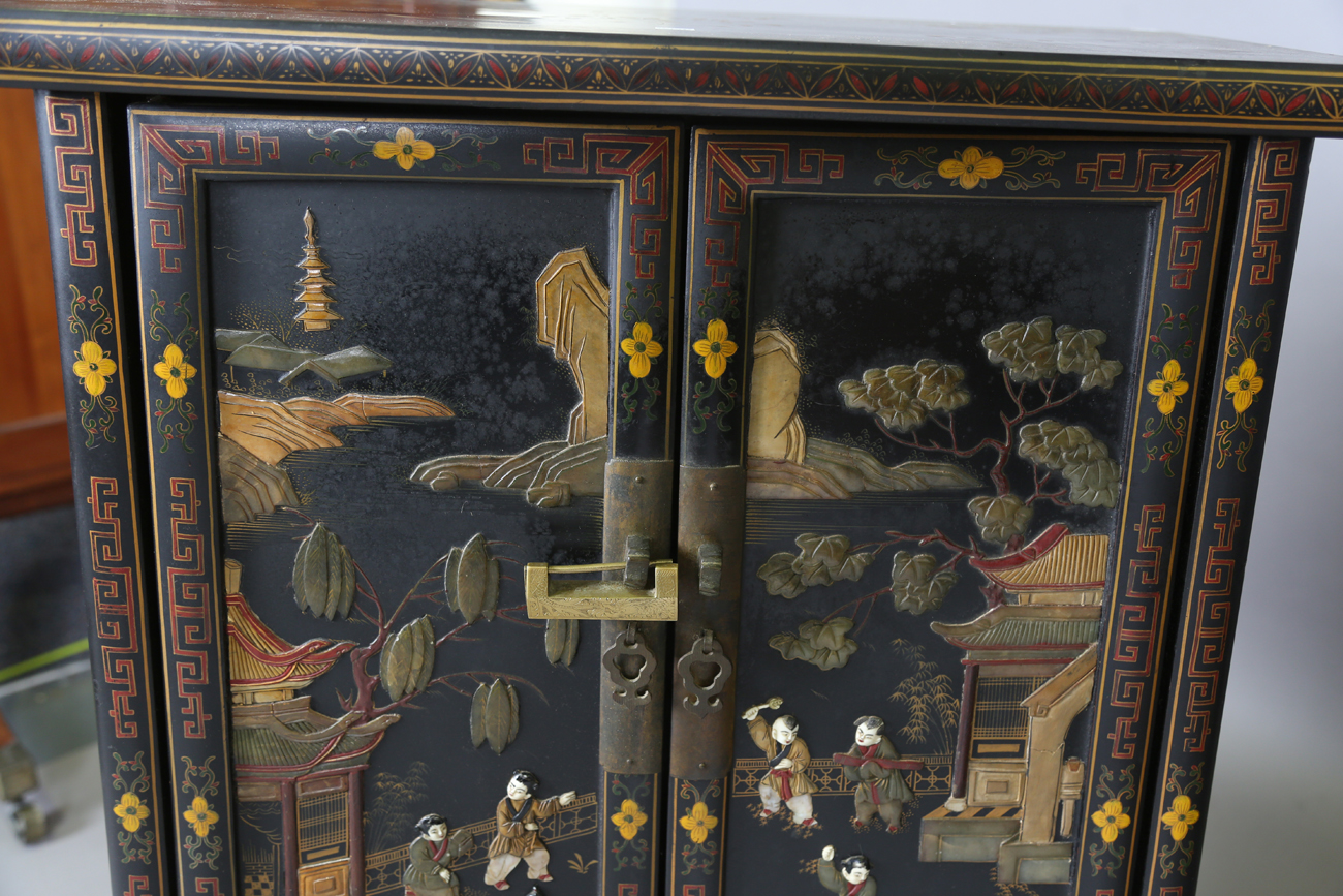 A pair of 20th century Chinese black lacquered and hardstone inlaid side cabinets, each door - Image 10 of 18