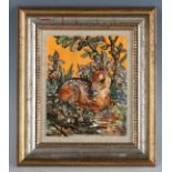 Rita Whitaker - an enamelled copper panel depicting a fawn lying within woodland, signed 'R.E.