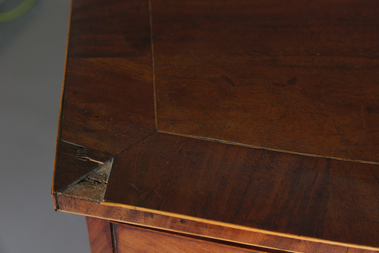 A George III mahogany bowfront chest of oak-lined drawers, the top with a wide crossbanded border, - Image 10 of 11