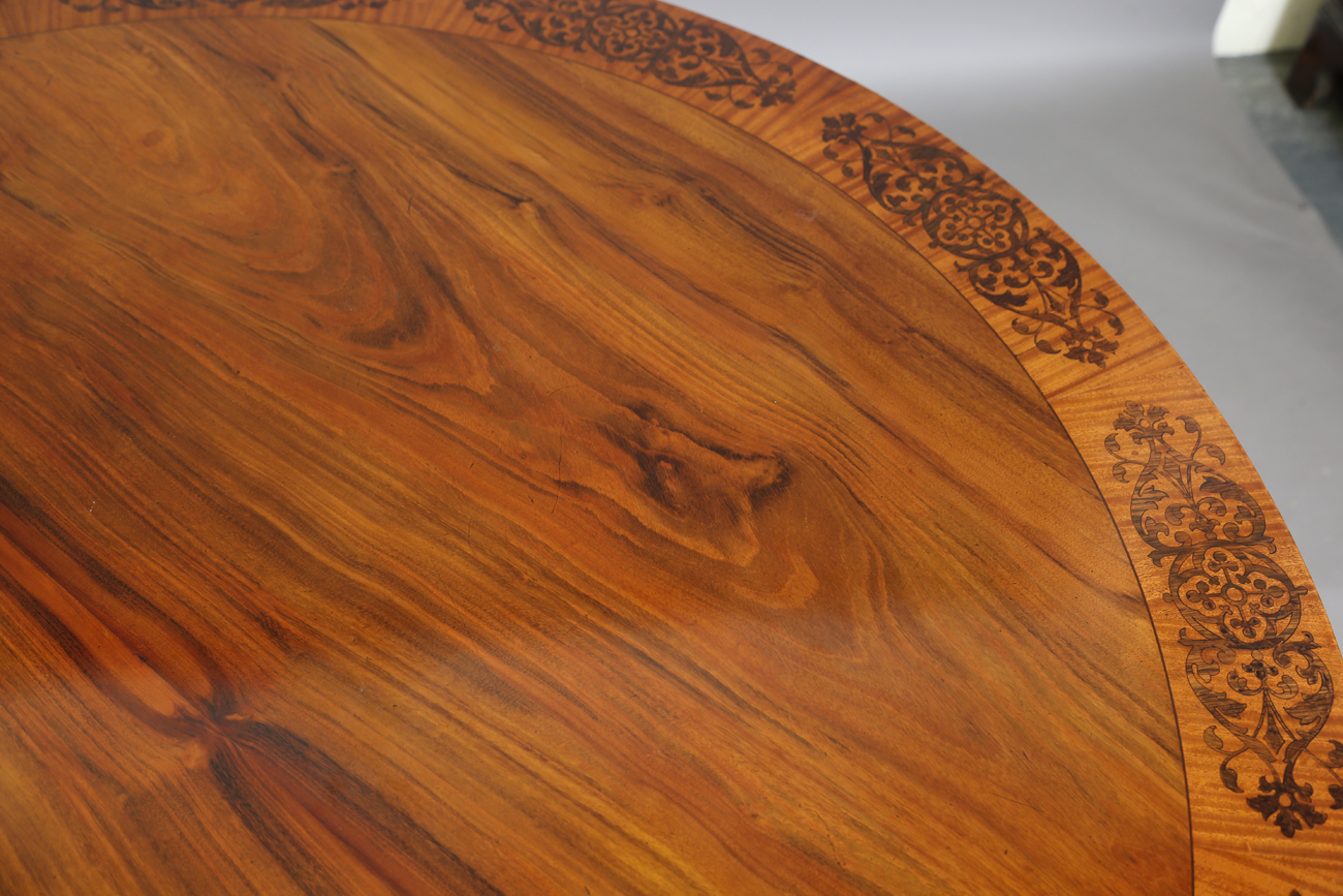 A mid-19th century walnut and foliate inlaid tip-top breakfast table, raised on a triform base, - Image 10 of 13