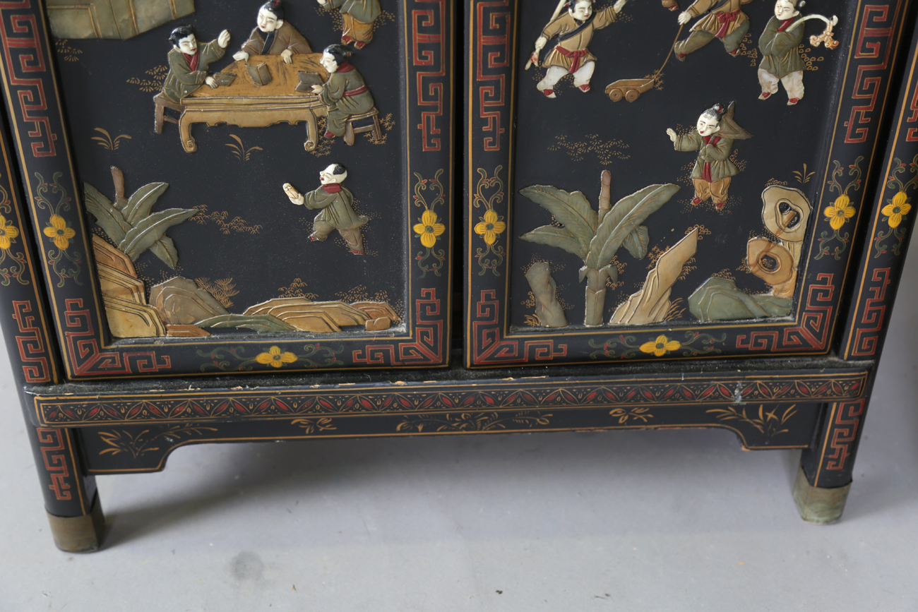 A pair of 20th century Chinese black lacquered and hardstone inlaid side cabinets, each door - Image 8 of 18