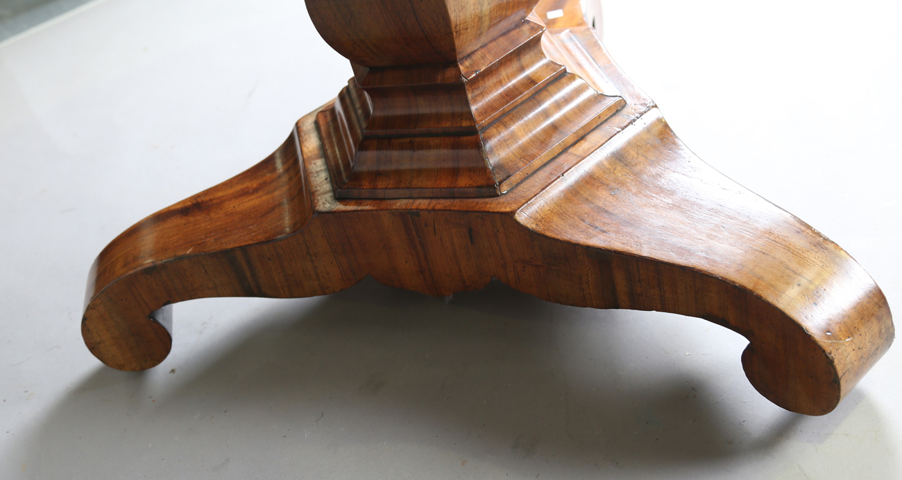 A mid-19th century walnut and foliate inlaid tip-top breakfast table, raised on a triform base, - Image 3 of 13