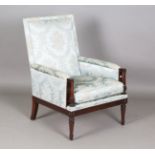 A late 19th/early 20th century Neoclassical Revival mahogany armchair, upholstered in patterned blue