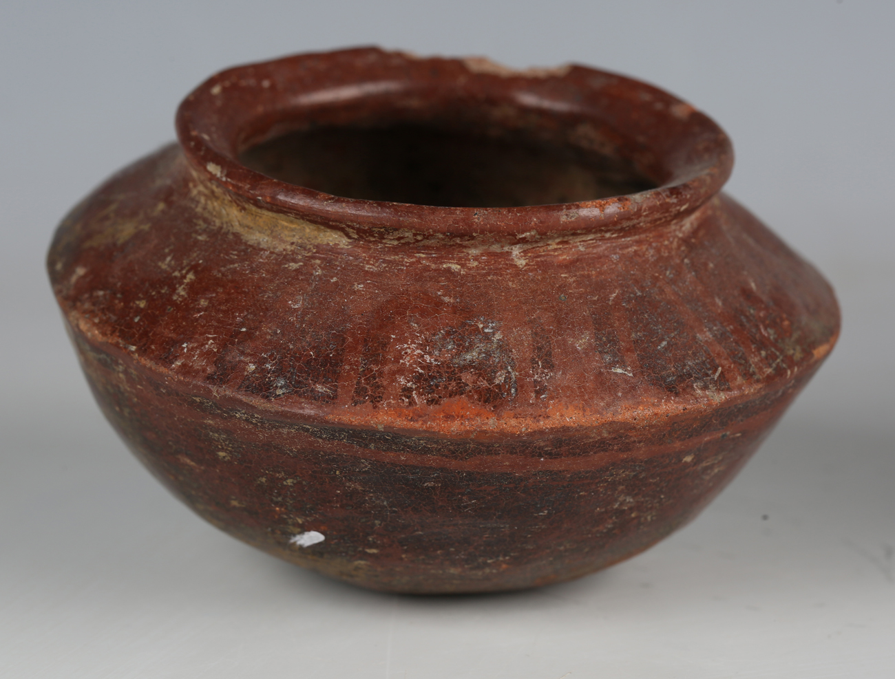 Two pieces of pre-Columbian pottery, comprising a footed bowl with vertical striped banded - Image 7 of 14