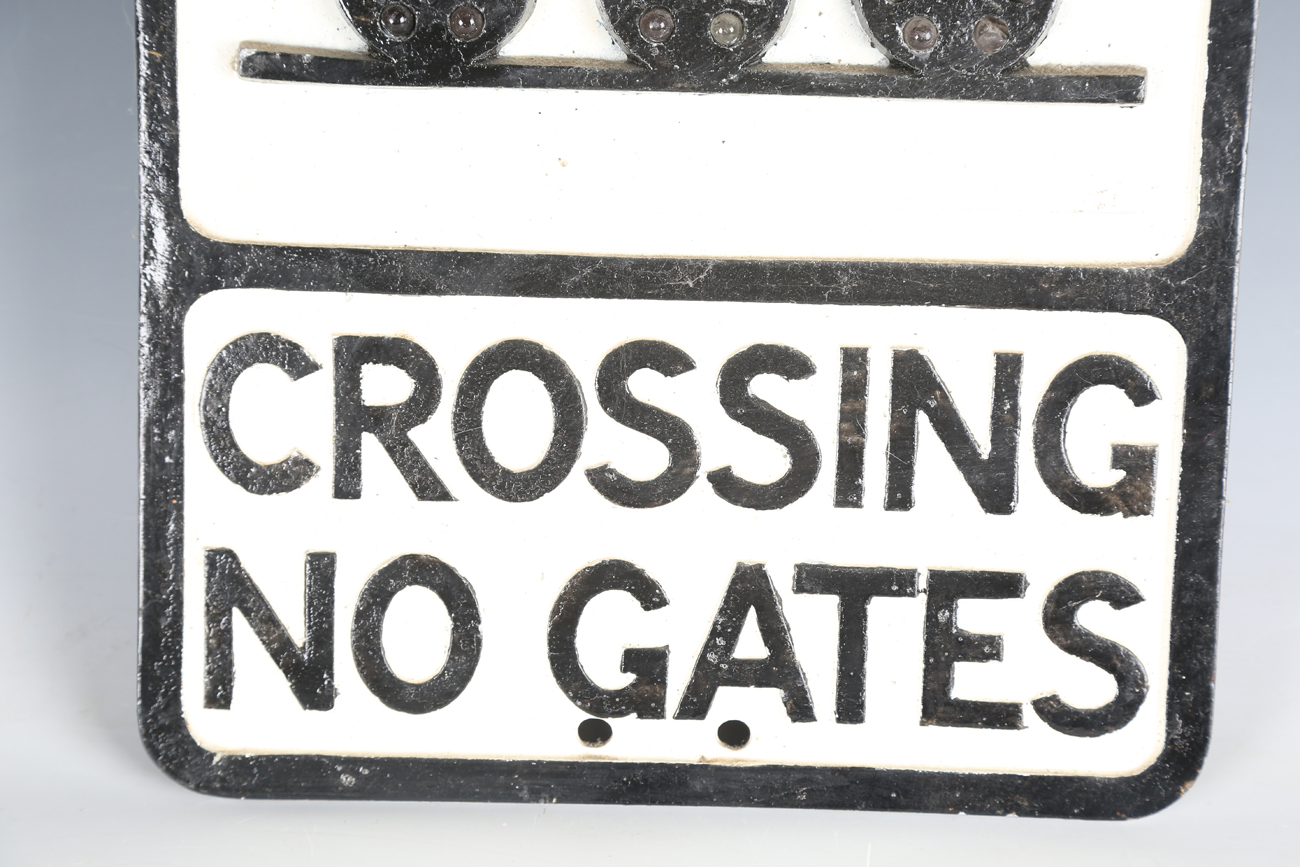 A cast alloy railway 'Crossing No Gates' sign, the outline of the locomotive inset with - Image 3 of 5