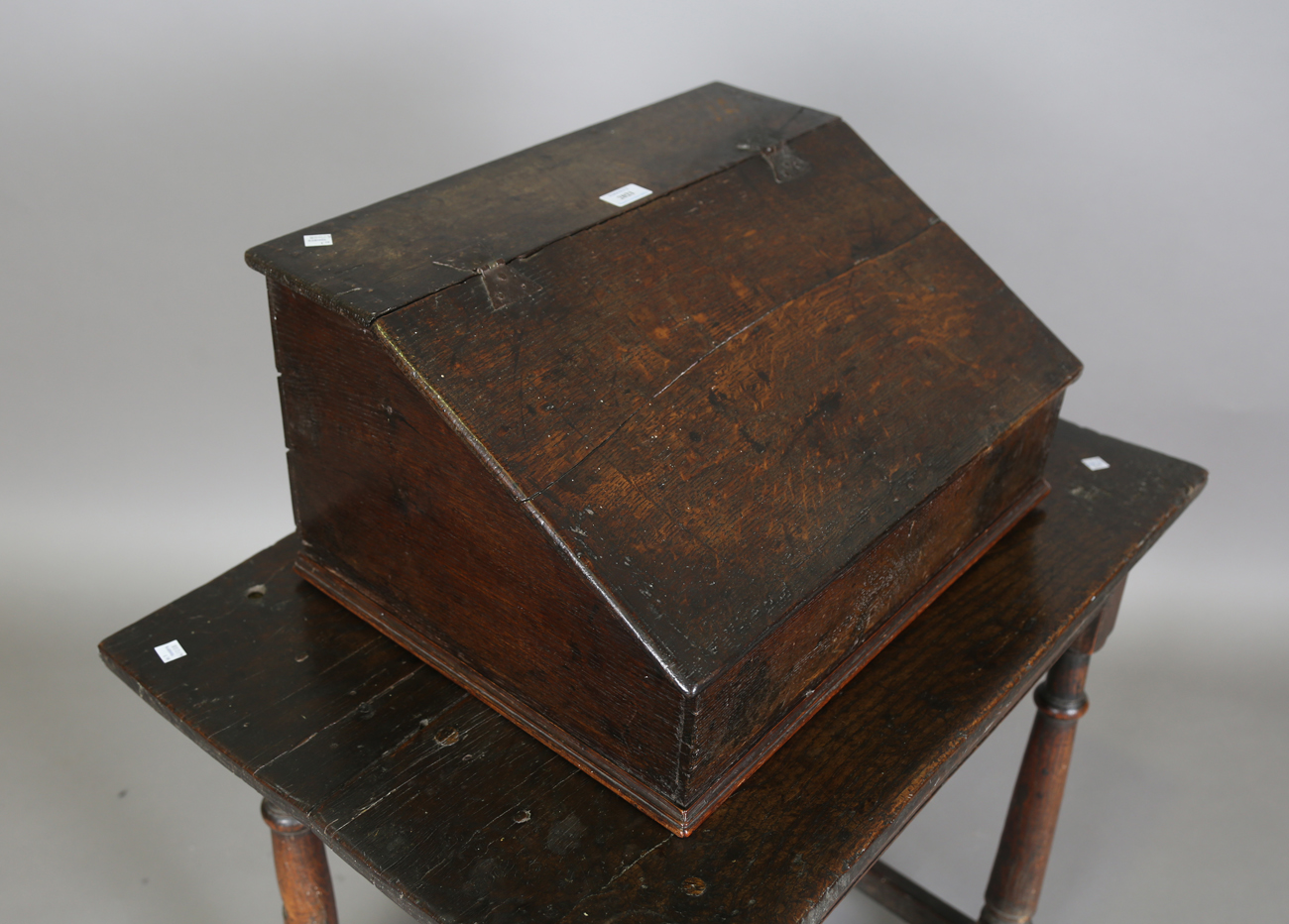 A 17th century oak bible box, the hinged sloping lid enclosing three drawers, width 53cm, depth - Image 13 of 13