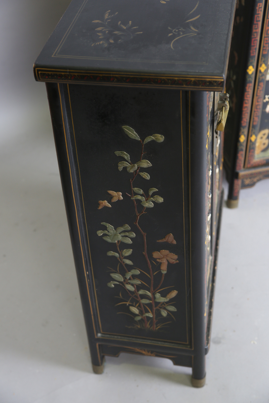 A pair of 20th century Chinese black lacquered and hardstone inlaid side cabinets, each door - Image 5 of 18