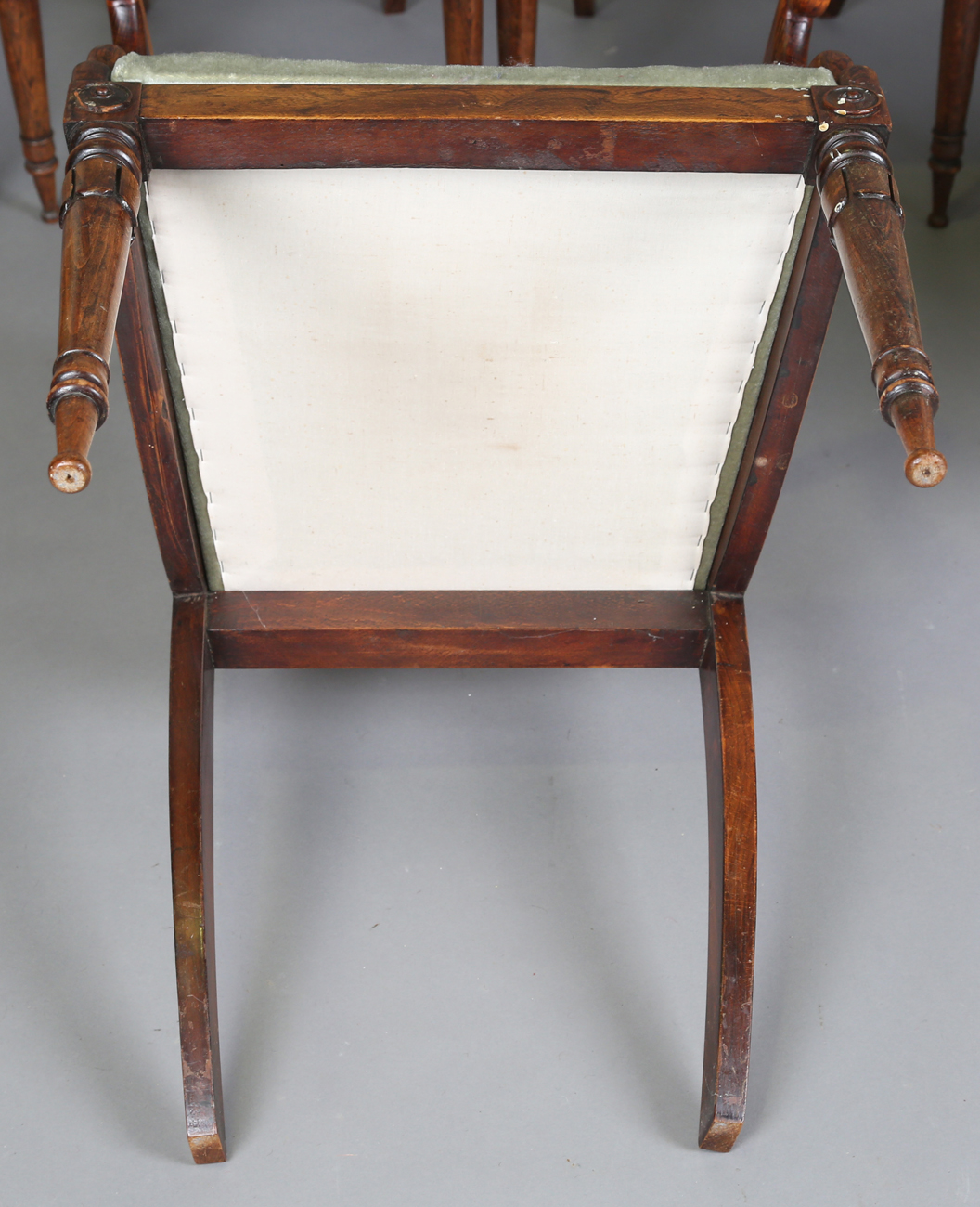 A set of seven Regency simulated rosewood beech framed dining chairs with carved centre rails, - Image 5 of 11