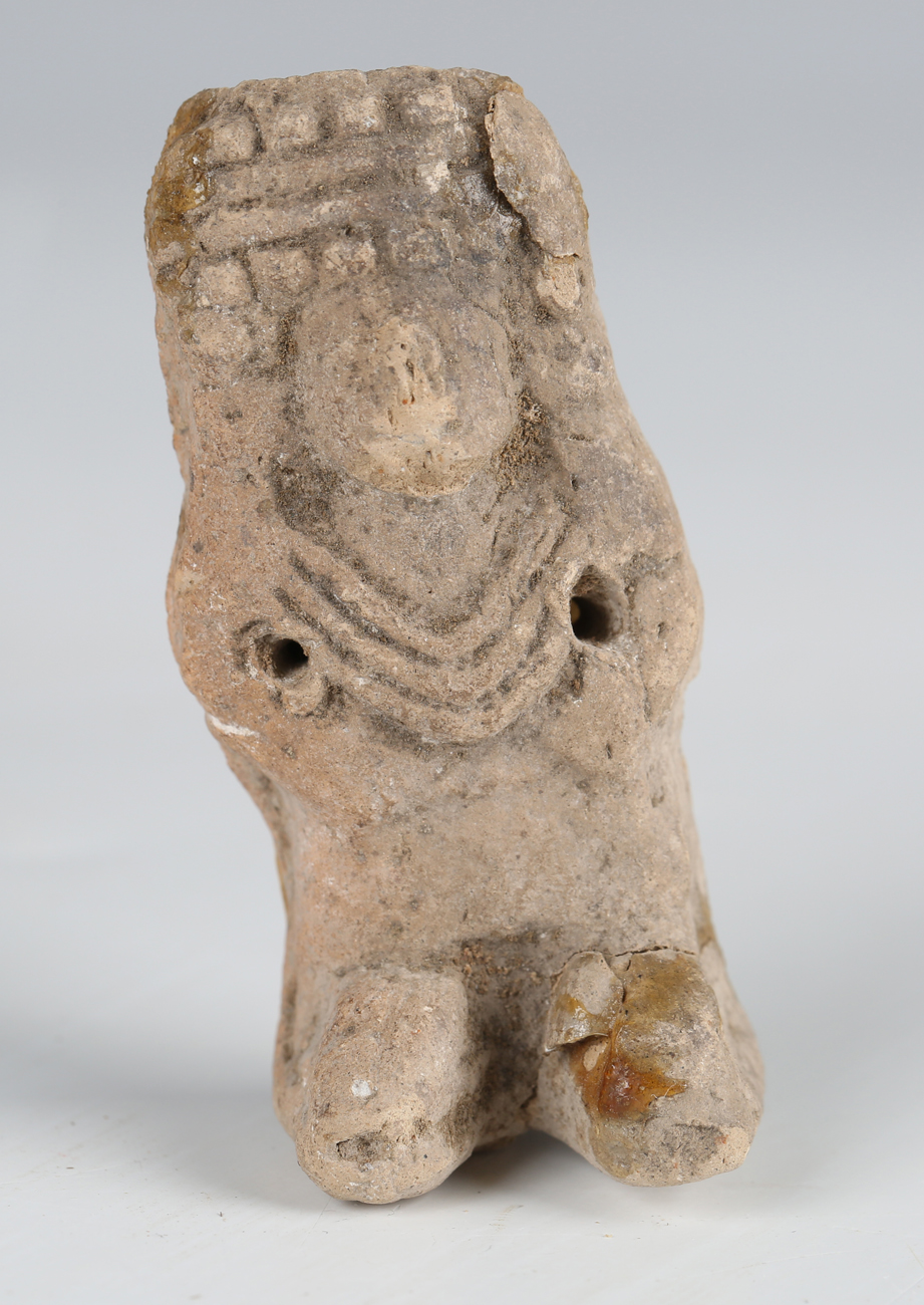 A pre-Columbian pottery mask, width 7.5cm, mounted on a wooden base, together with a pre-Columbian - Image 4 of 9