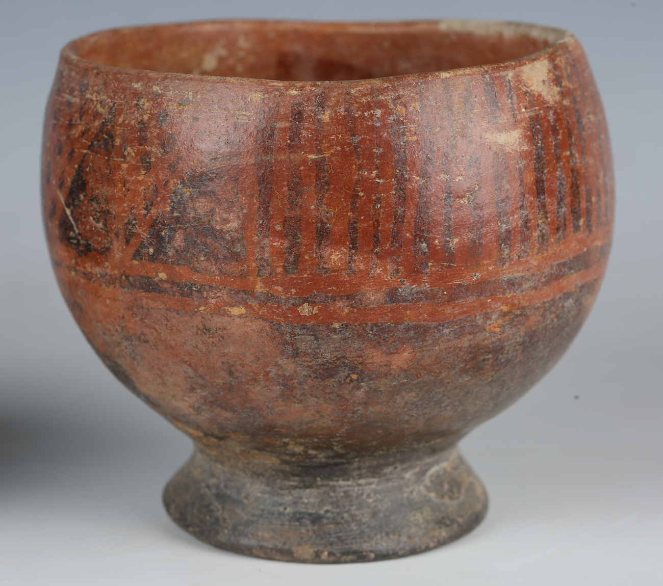 Two pieces of pre-Columbian pottery, comprising a footed bowl with vertical striped banded - Image 12 of 14