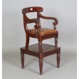 A Regency mahogany bar back child's elbow chair with brown leather seat and high chair attachment,