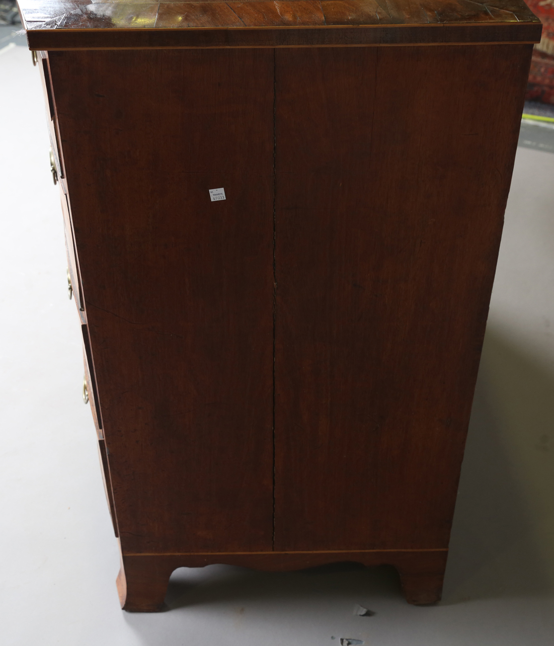 A George III mahogany bowfront chest of oak-lined drawers, the top with a wide crossbanded border, - Image 4 of 11