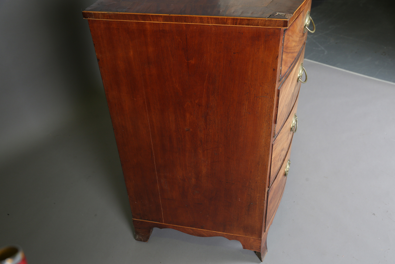 A George III mahogany bowfront chest of oak-lined drawers, the top with a wide crossbanded border, - Image 5 of 11