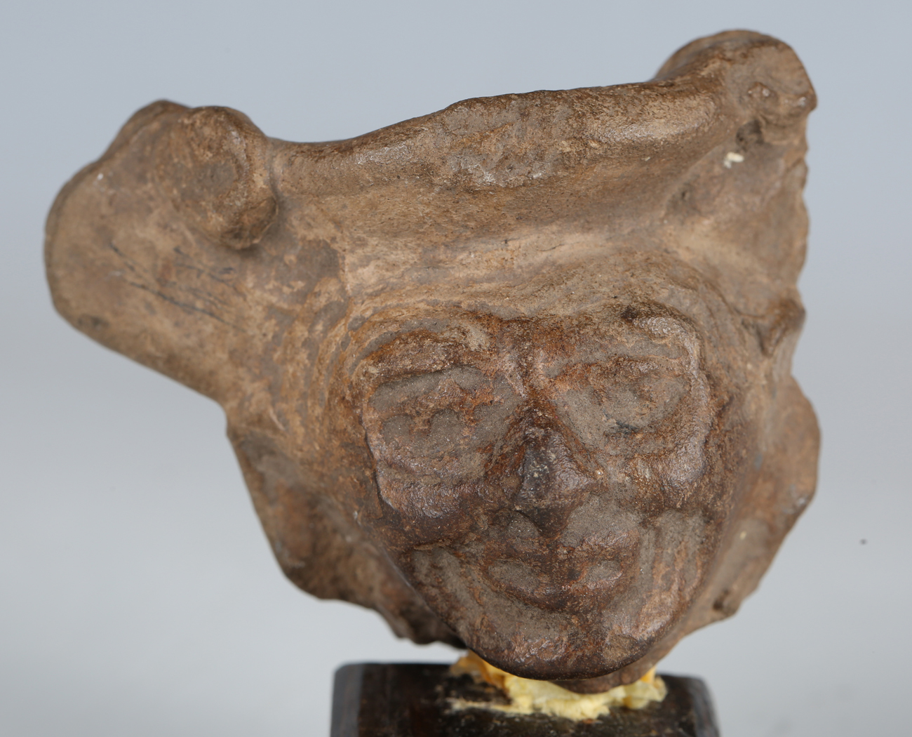 A pre-Columbian pottery mask, width 7.5cm, mounted on a wooden base, together with a pre-Columbian - Image 9 of 9