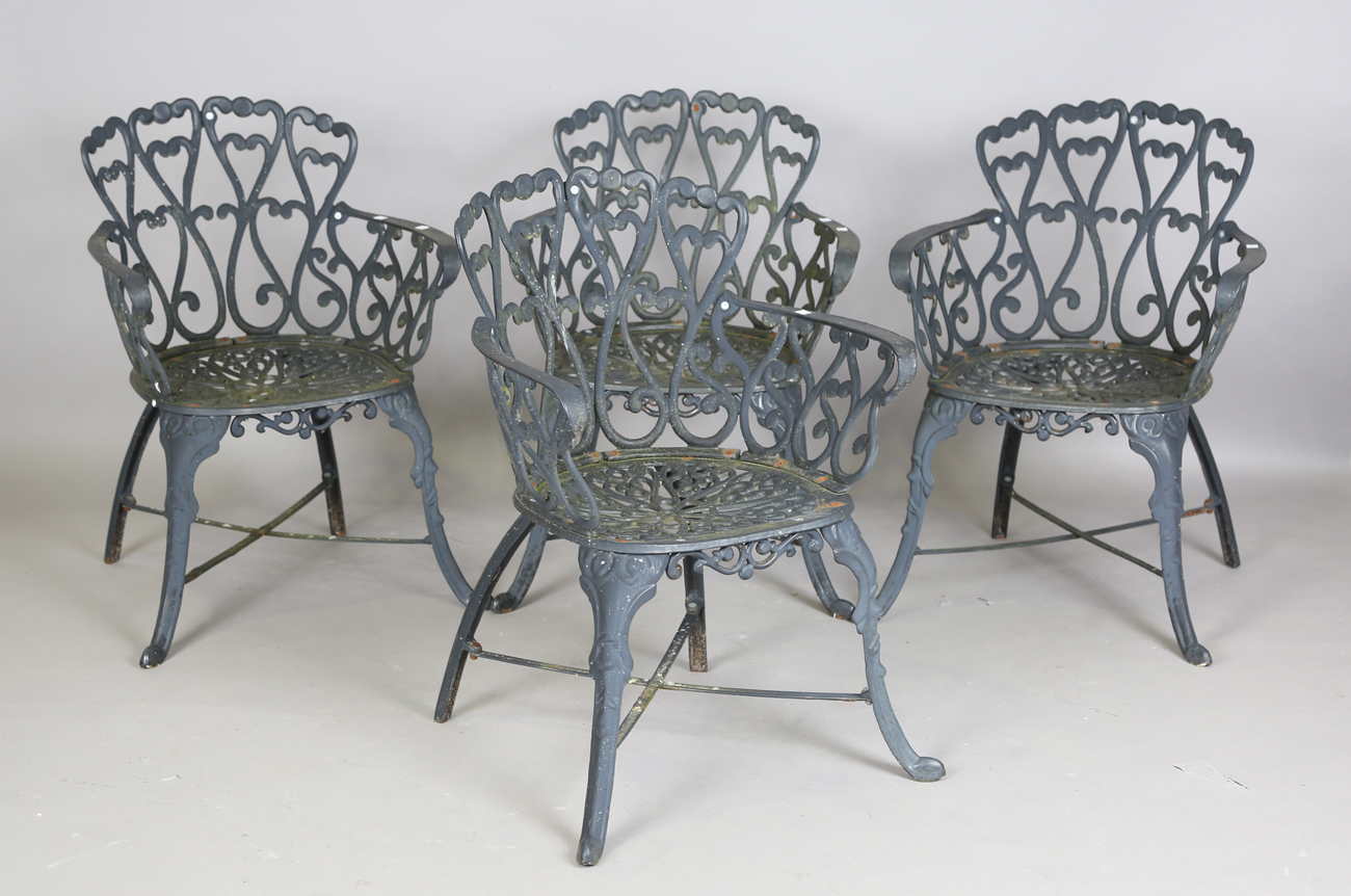 A 20th century cast metal circular garden table, height 66cm, diameter 87cm, and four matching - Image 7 of 13