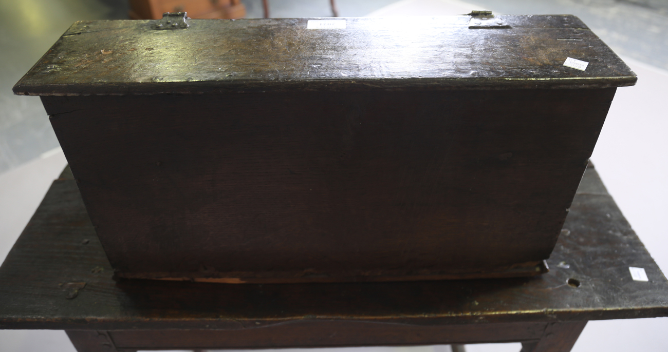 A 17th century oak bible box, the hinged sloping lid enclosing three drawers, width 53cm, depth - Image 9 of 13
