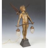 After Auguste Moreau - 'Vici', a late 19th/early 20th century gilt patinated cast spelter light