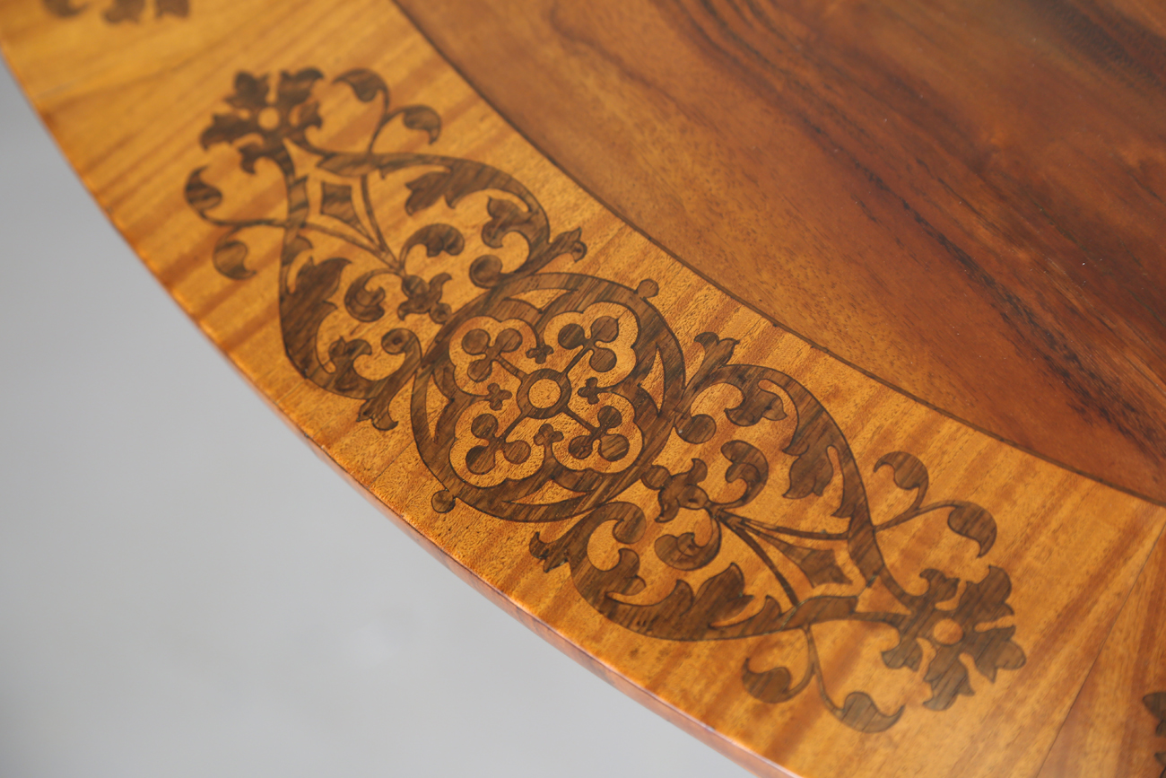 A mid-19th century walnut and foliate inlaid tip-top breakfast table, raised on a triform base, - Image 12 of 13