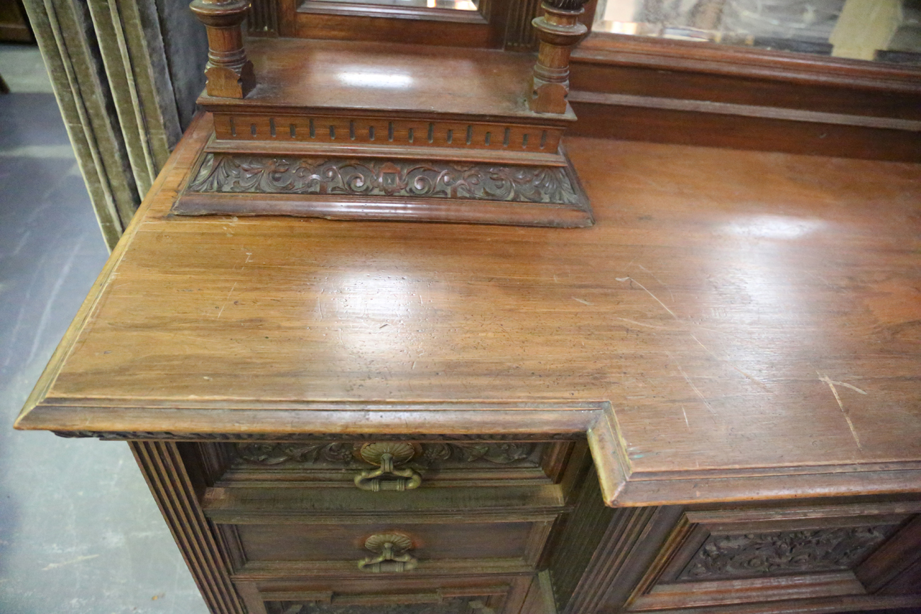 A large late Victorian walnut breakfront sideboard by James Shoolbred & Co, the mirror back with a - Image 10 of 16