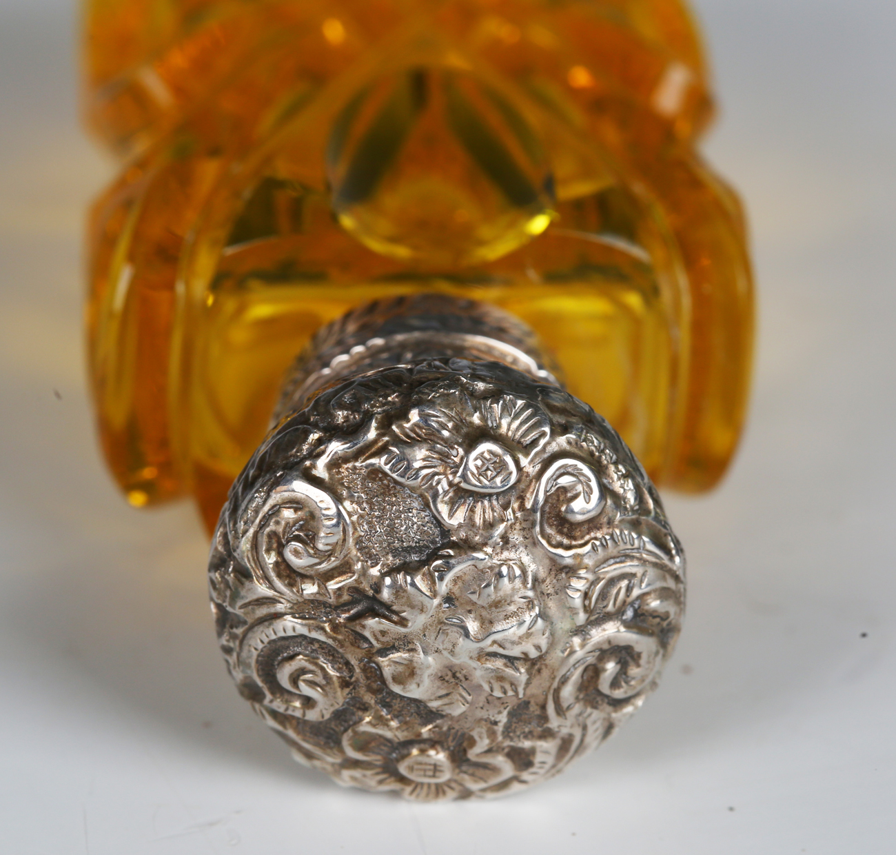 A late 19th century yellow cut glass scent bottle with silver hinged lid, length 9cm, two coloured - Image 6 of 9