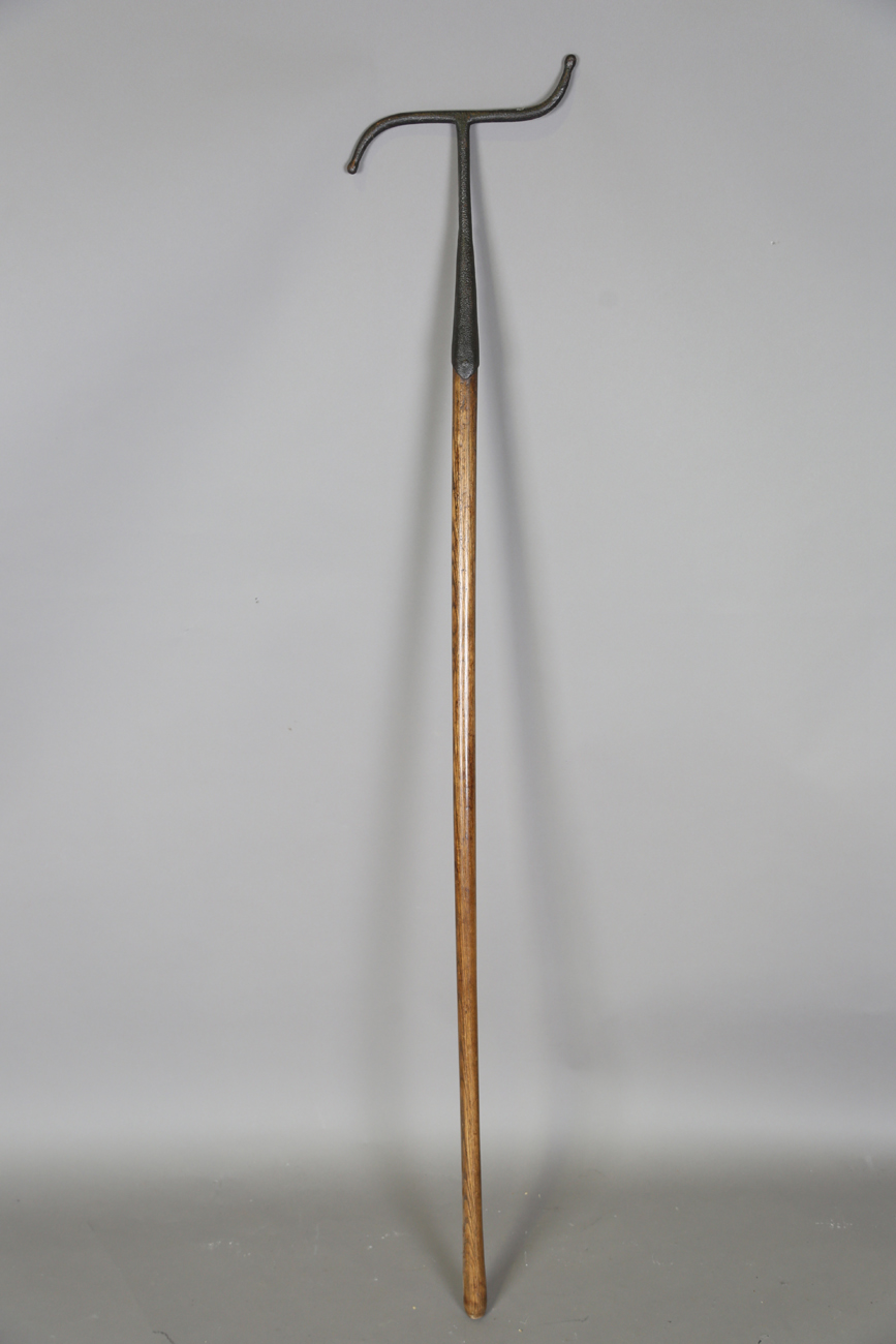 A scarce 19th century wrought iron shepherd's dipping crook, the shaped head on an ash shaft, length - Image 2 of 9