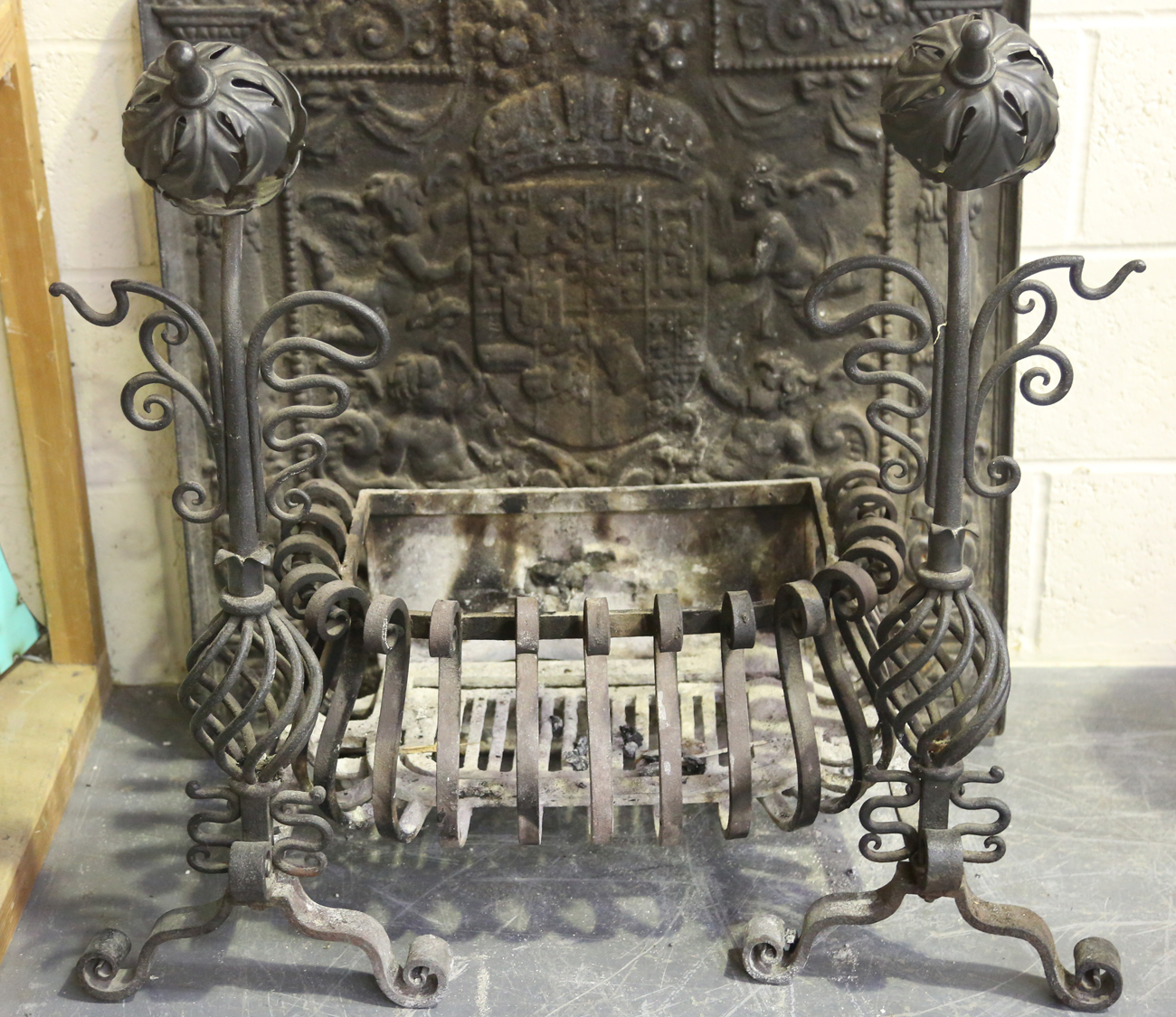 An early 20th century wrought iron fire basket and a pair of matching dogs with rosette finials, - Image 5 of 13