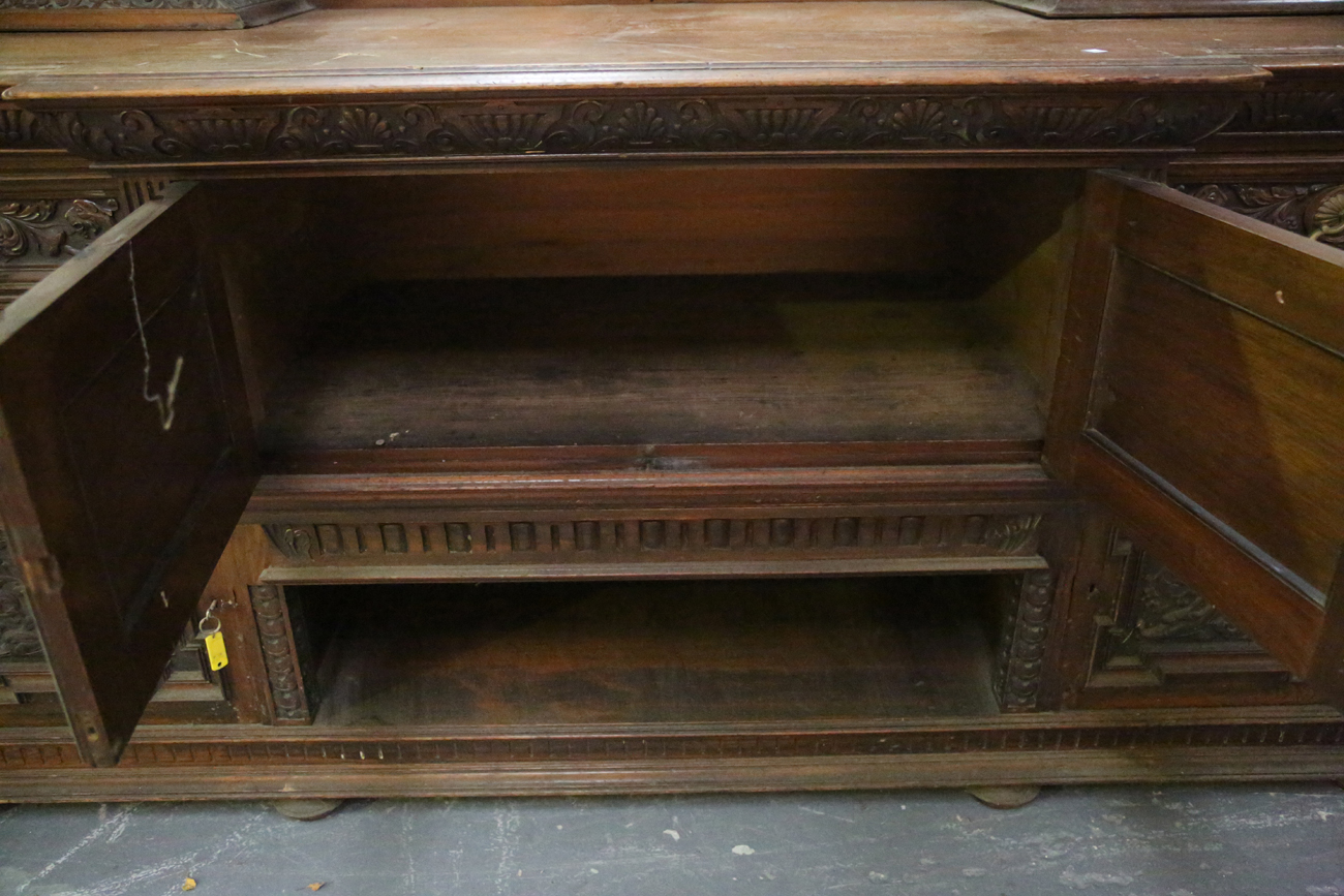 A large late Victorian walnut breakfront sideboard by James Shoolbred & Co, the mirror back with a - Image 5 of 16