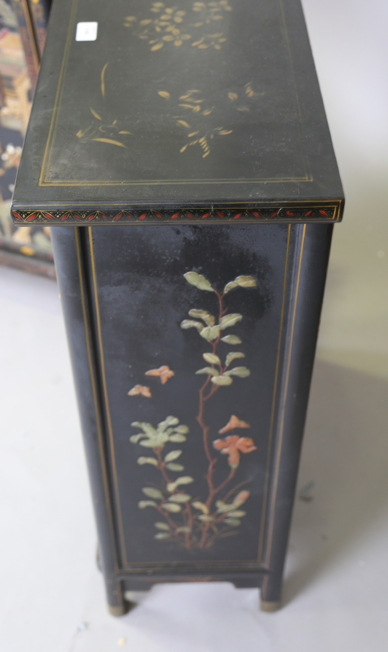 A pair of 20th century Chinese black lacquered and hardstone inlaid side cabinets, each door - Image 2 of 18