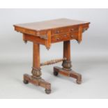 A William IV rosewood work table, the two frieze drawers opposing dummy drawers, the block