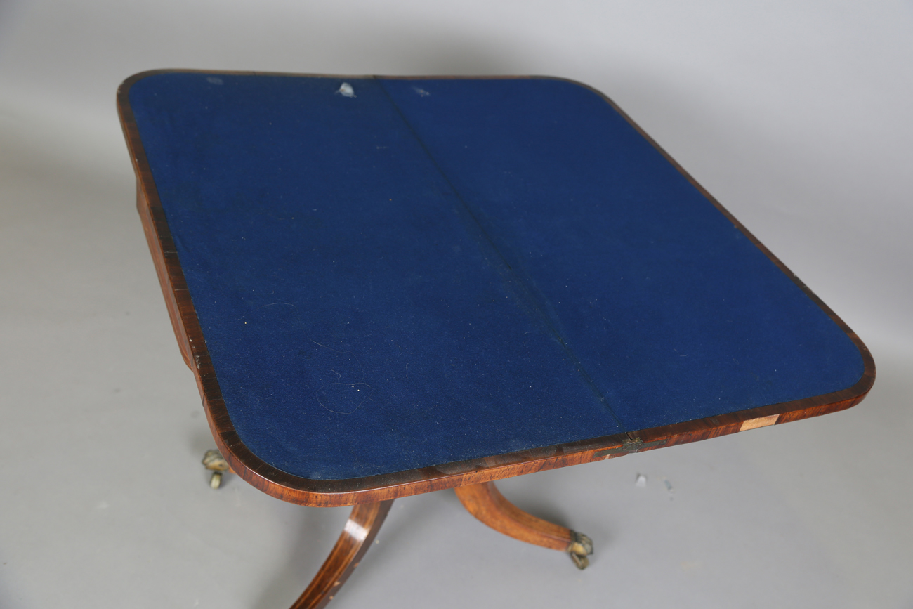 A Regency rosewood and satinwood crossbanded fold-over card table, height 73cm, width 91cm, depth - Image 10 of 13